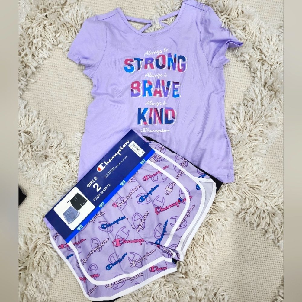 🆕️ 💜 10/12 girls Champion activewear short set one T-shirt and 2 shorts NWT